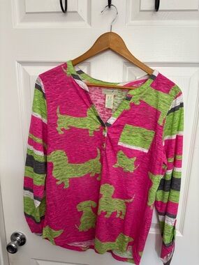 Caribbean Joe Hot Pink and Lime Dachshund Dog Lover Whimsical Henley Shirt, M